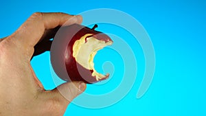 White man hands showing off an apple thats been bitten on a bright blue background.