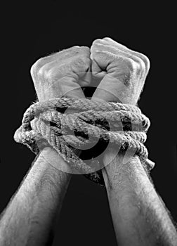 White man hands wrapped with rope around wrists in victim abused in captivity, slave of work and respect for human rights concept photo