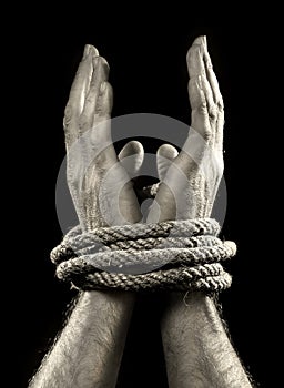 White man hands wrapped with rope around wrists in victim abused in captivity, slave of work and respect for human rights concept