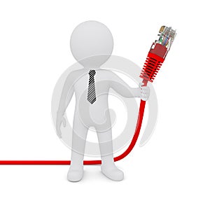 The white man holding a red network cable