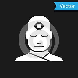 White Man with third eye icon isolated on black background. The concept of meditation, vision of energy, aura. Vector