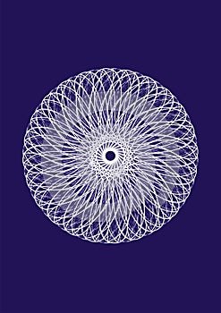 White mandala on a blue background. Spiritual Symbol. Techno.