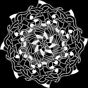 White mandala design over black background