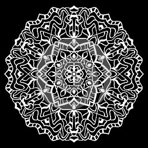 White mandala design over black background