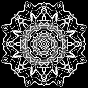 White mandala design over black background