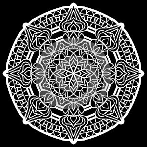 White mandala design over black background