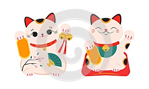 White Maneki Neko, Asian lucky cat. Feng Shui, fortune, folklore toy cartoon vector illustration