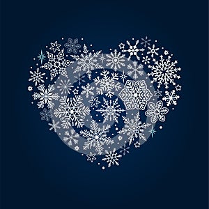 White many snowflakes in the shape of a heart on dark blue background. Vector lace banner
