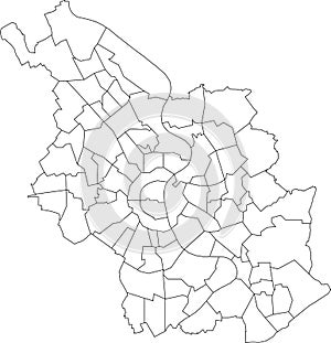 White map of district city parts of Cologne, Germany