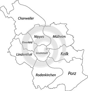 White map of districts of Cologne, Germany