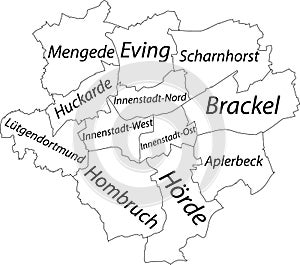 White map of districts of Dortmund, Germany