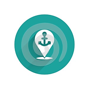 White Map pointer with anchor icon isolated with long shadow. Green circle button. Vector