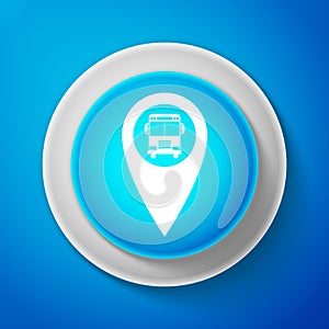 White Map pointer with bus icon isolated on blue background. Circle blue button with white line. Vector