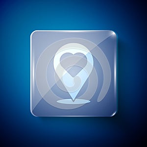 White Map pointer with heart icon isolated on blue background. Valentines day. Love location. Romantic map pin. Square