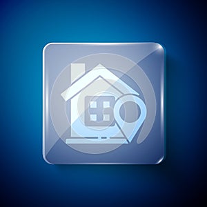 White Map pointer with house icon isolated on blue background. Home location marker symbol. Square glass panels. Vector
