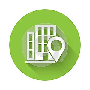 White Map pointer with house icon isolated with long shadow. Home location marker symbol. Green circle button. Vector