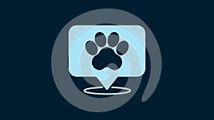 White Map pointer with veterinary medicine hospital, clinic or pet shop for animals icon isolated on blue background