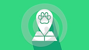 White Map pointer with veterinary medicine hospital, clinic or pet shop for animals icon isolated on green background
