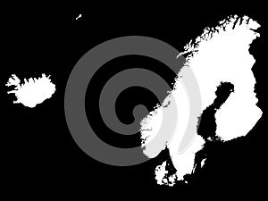 White Map of Scandinavia on Black Background
