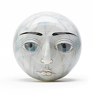 White marble ball with a design of a sad naive face with blue eyes. Minimalist art. Generative AI