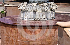 white marble carved elephants architecture at temple from flat angle