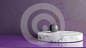 White marble a classic symbol of opulence and refinement serves as the perfect contrast to the rich purple backdrop. The