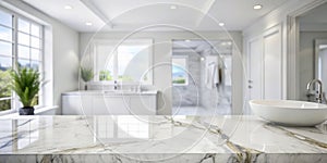 White marble countertop with blurred bathroom interior background. AI generated