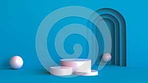 White marble cylinder podium abstract minimal scence on blue background display product showcase, stage platform presentation 3d