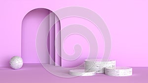 White marble cylinder podium abstract minimal scence on pink background display product showcase, stage platform presentation 3d