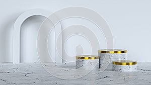 White marble cylinder podium with gold on top abstract minimal scence on white background display product showcase, stage platform