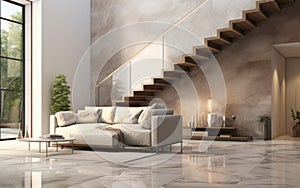 White marble floor tile in brown wall hall luxury living room with beige corner sofa side table wooden stairway in sunlight from