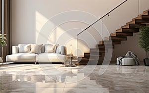 White marble floor tile in brown wall hall luxury living room with beige corner sofa side table wooden stairway in sunlight from