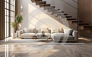 White marble floor tile in brown wall hall luxury living room with beige corner sofa side table wooden stairway in sunlight from