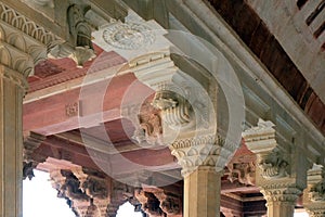 White marble hall of Sattais Katcheri at Amber Fort in Jaipur, India