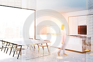 White and marble kitchen interior blur