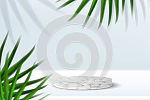White marble platform for product presentation. Minimal nature scene with natural stone pedestal mockup. Vector 3d