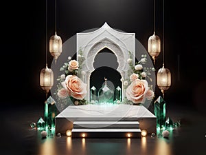 white marble podium with green crystal, peach roses and islamic lantern, ai generated