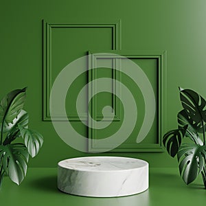 White marble podium with green leaves on the sides and a picture frame on the green wall behind it.3d rendering