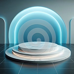 simple white marble podium on a sof neon blue background, ai generated photo