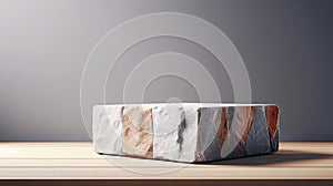 white marble podium on a wooden table in front of a white brick wall