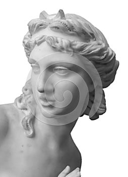 White marble sculpture head of young woman. Statue of sensual renaissance art era naked woman in circlet antique style