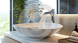 White marble sink with water fountain in modern bathroom