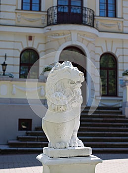 White marble siting lion statue sunny day