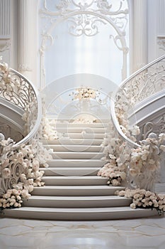 White marble stairs decorated with flowers in a luxury interior inlight tones. Generative AI