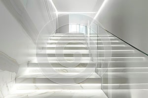 White marble stairs in modern interior. 3d render illustration mock up