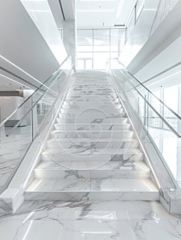 White marble stairway in modern office building interior.