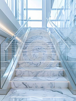 White marble stairway in modern office building interior.