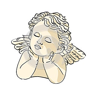 white marble statue of cupid with closed eyes and wings. open book cartoon sketch on a white background