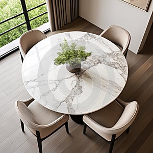 White marble table and chairs in modern dining room interior, 3d render