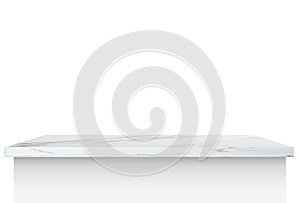 White marble table is empty place for products mock up background, perspective front view
